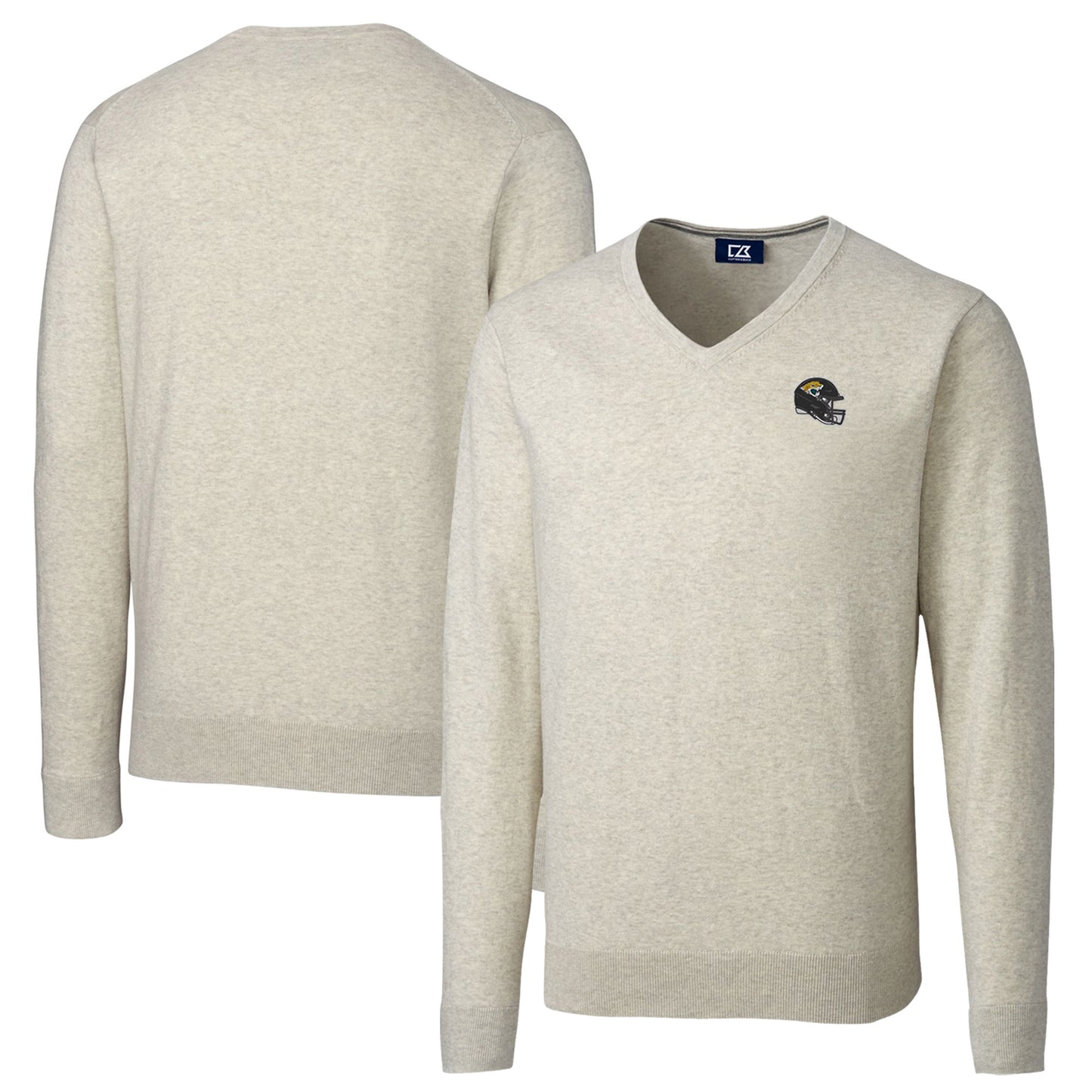 Men's Cutter & Buck  Oatmeal Jacksonville Jaguars Helmet Lakemont Tri-Blend V-Neck Pullover Sweater