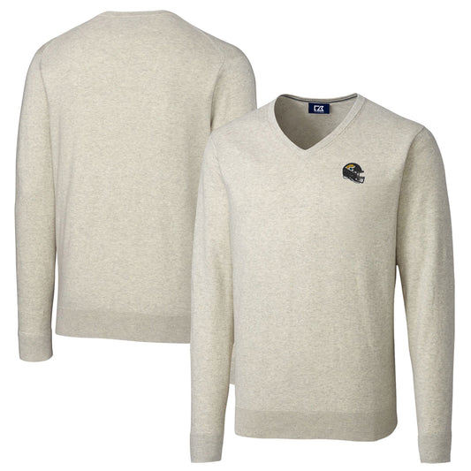 Men's Cutter & Buck  Oatmeal Jacksonville Jaguars Helmet Lakemont Tri-Blend V-Neck Pullover Sweater