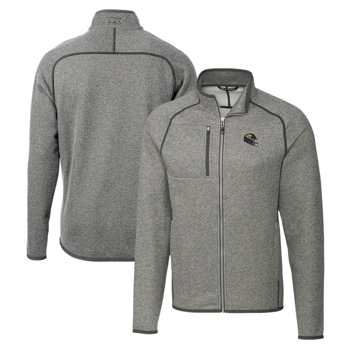 Men's Cutter & Buck  Silver Jacksonville Jaguars Helmet Mainsail Sweater-Knit Full-Zip Jacket