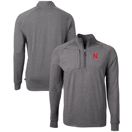 Men's Cutter & Buck  Heather Black Nebraska Huskers Big & Tall Adapt Eco Knit Quarter-Zip Pullover Top