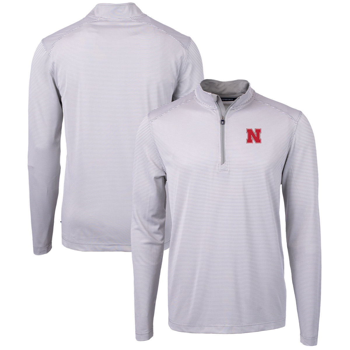 Men's Cutter & Buck  Gray/White Nebraska Huskers Big & Tall Virtue Eco Pique Micro Stripe Recycled Quarter-Zip Pullover Top