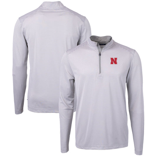Men's Cutter & Buck  Gray/White Nebraska Huskers Big & Tall Virtue Eco Pique Micro Stripe Recycled Quarter-Zip Pullover Top