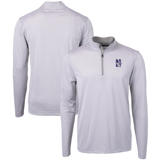 Men's Cutter & Buck  Gray/White Northwestern Wildcats Big & Tall Virtue Eco Pique Micro Stripe Recycled Quarter-Zip Pullover Top