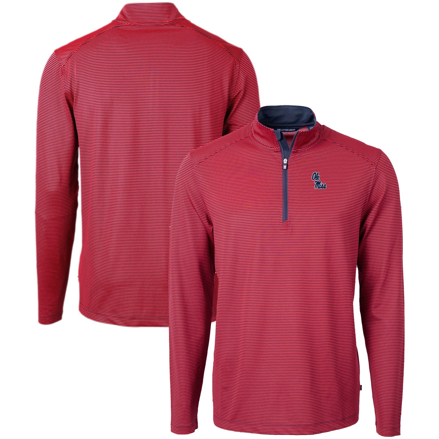 Men's Cutter & Buck  Red/Navy Ole Miss Rebels Big & Tall Virtue Eco Pique Micro Stripe Recycled Quarter-Zip Pullover Top