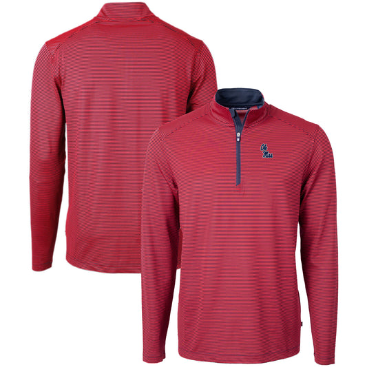 Men's Cutter & Buck  Red/Navy Ole Miss Rebels Big & Tall Virtue Eco Pique Micro Stripe Recycled Quarter-Zip Pullover Top