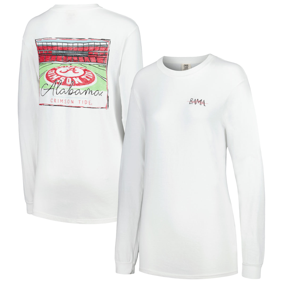 Women's White Alabama Crimson Tide Hand-Drawn Stadium Comfort Colors Oversized Long Sleeve T-Shirt