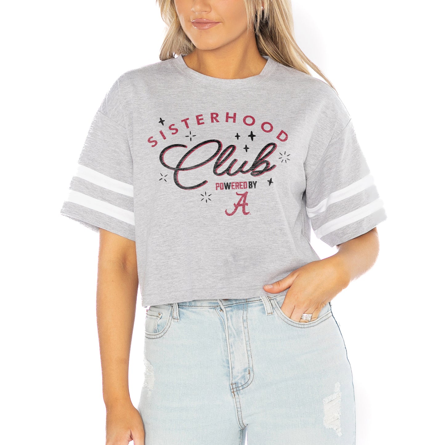 Women's Gameday Couture Gray Alabama Crimson Tide PoweredBy Sisterhood Drop Shoulder Sleeve Stripe Cropped Tri-Blend T-Shirt