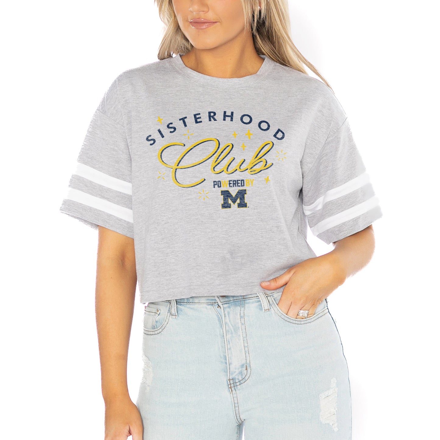 Women's Gameday Couture Gray Michigan Wolverines PoweredBy Sisterhood Drop Shoulder Sleeve Stripe Cropped Tri-Blend T-Shirt