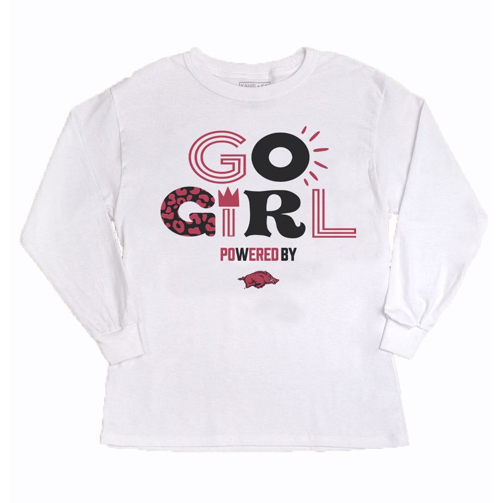 Girls Youth Gameday Couture White Arkansas Razorbacks PoweredBy Go Girl Long Sleeve T-Shirt