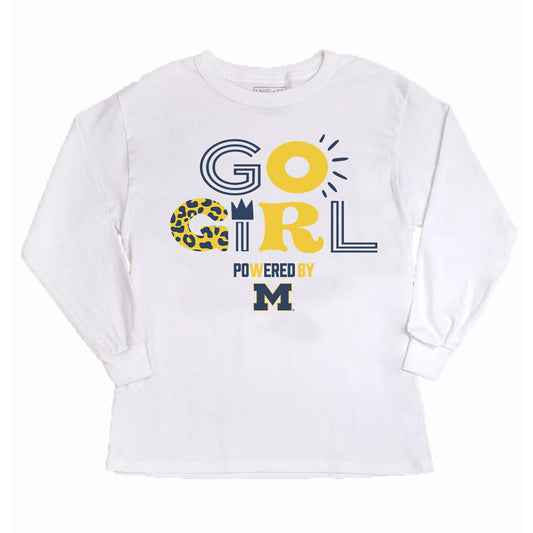 Girls Youth Gameday Couture White Michigan Wolverines PoweredBy Go Girl Long Sleeve T-Shirt