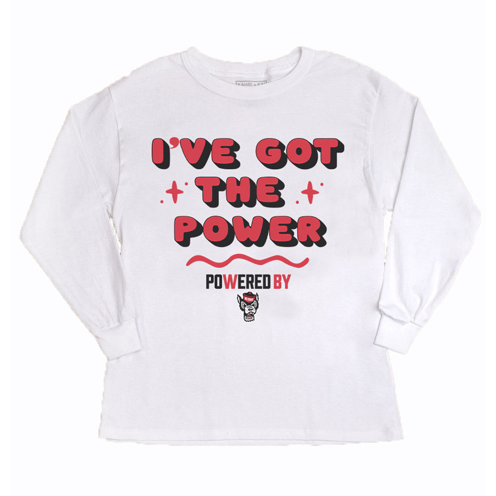 Girls Youth Gameday Couture White NC State Wolfpack PoweredBy Got the Power Long Sleeve T-Shirt