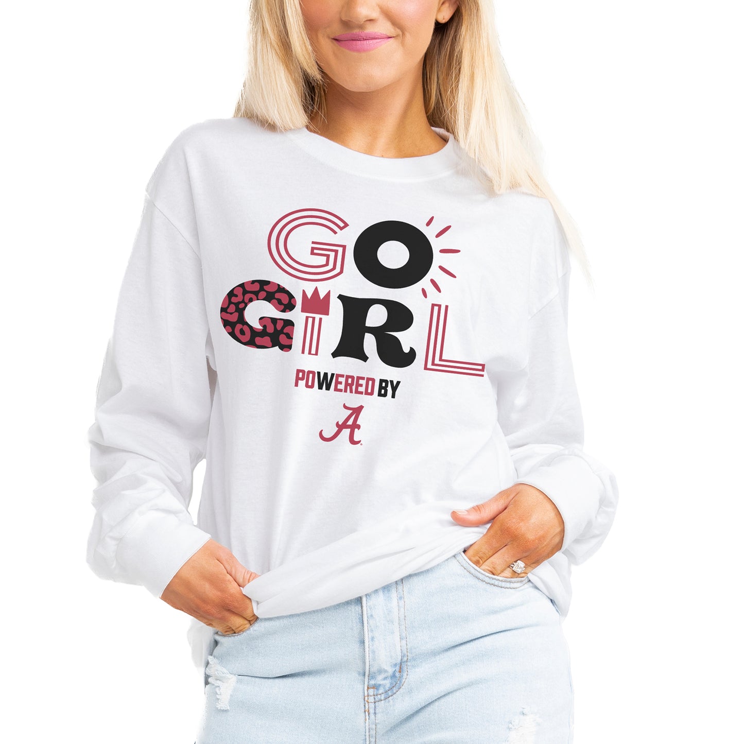 Women's Gameday Couture White Alabama Crimson Tide PoweredBy Go Girl Boyfriend Fit Long Sleeve T-Shirt