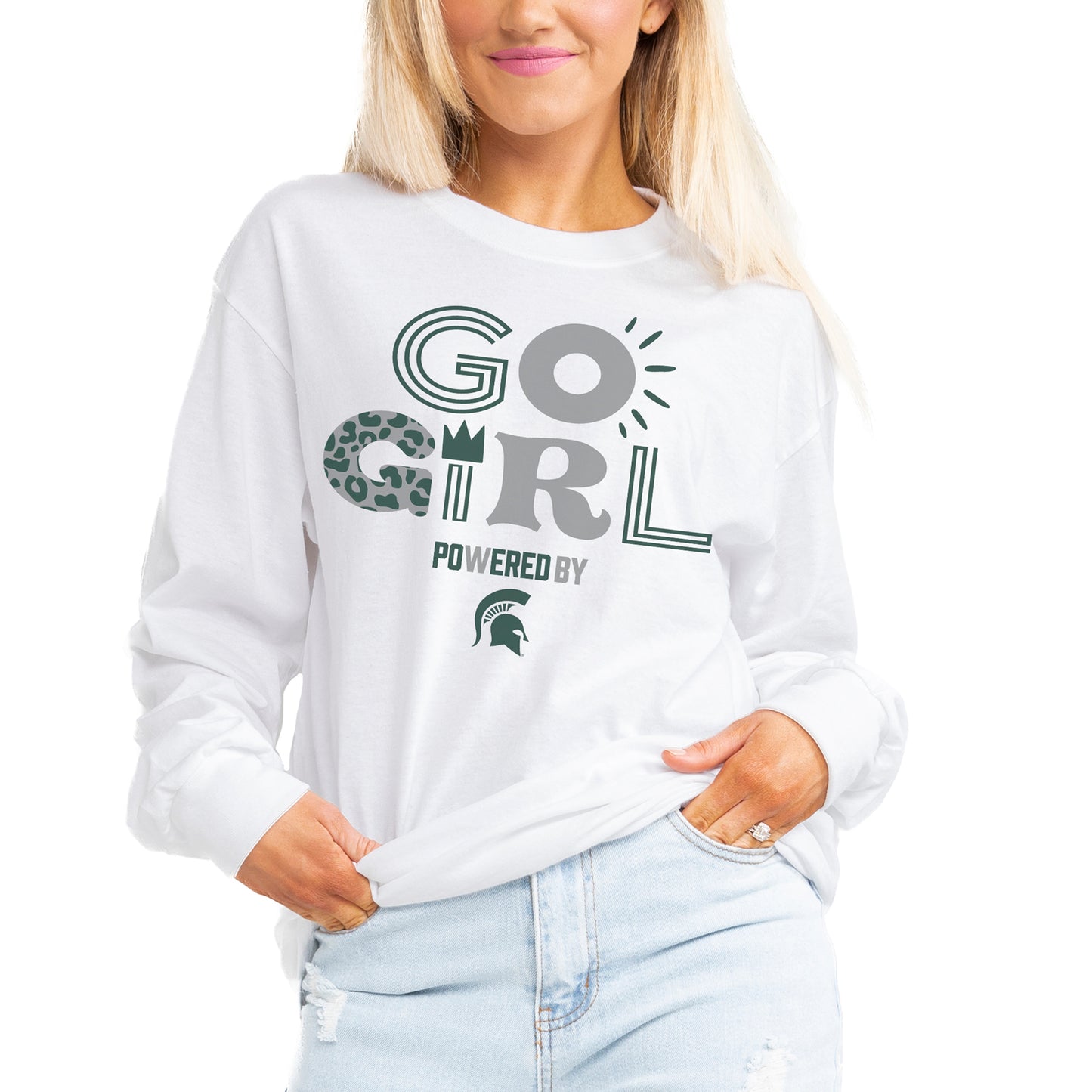 Women's Gameday Couture White Michigan State Spartans PoweredBy Go Girl Boyfriend Fit Long Sleeve T-Shirt