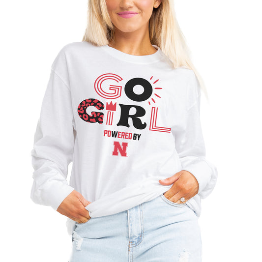 Women's Gameday Couture White Nebraska Huskers PoweredBy Go Girl Boyfriend Fit Long Sleeve T-Shirt