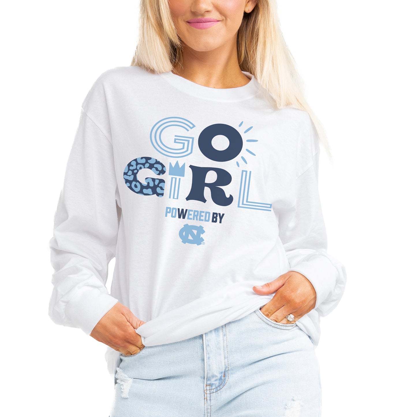 Women's Gameday Couture White North Carolina Tar Heels PoweredBy Go Girl Boyfriend Fit Long Sleeve T-Shirt