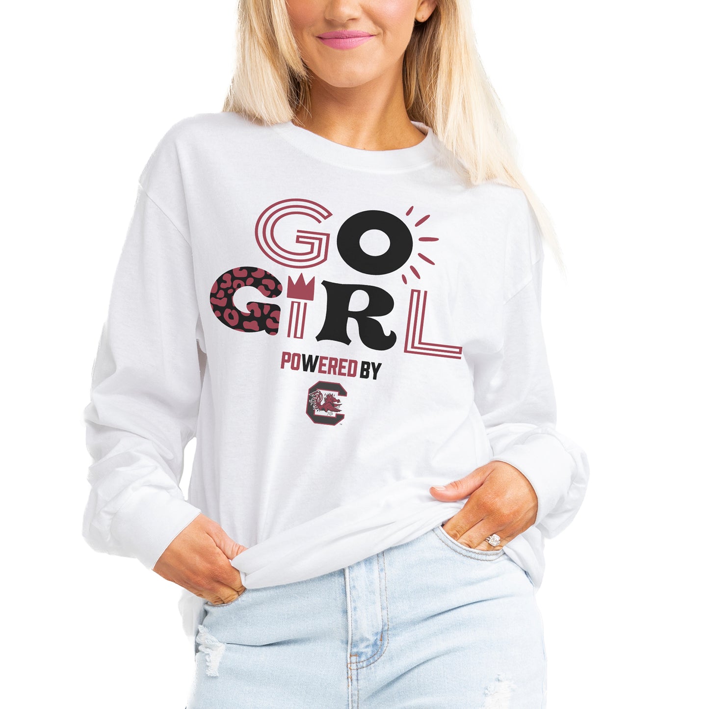 Women's Gameday Couture White South Carolina Gamecocks PoweredBy Go Girl Boyfriend Fit Long Sleeve T-Shirt