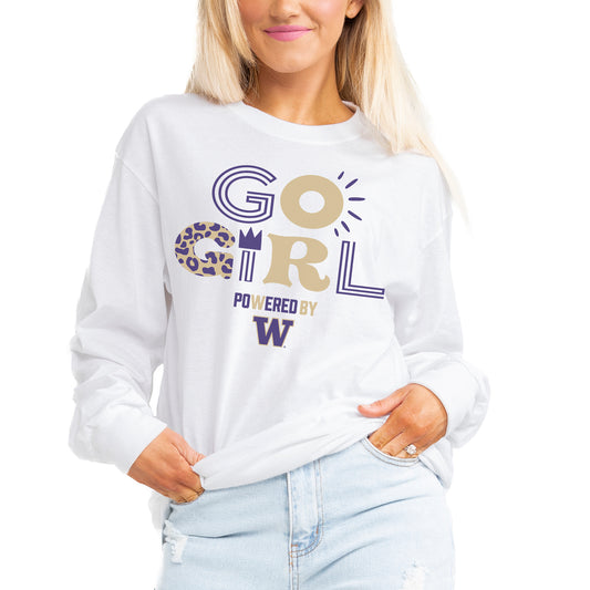 Women's Gameday Couture White Washington Huskies PoweredBy Go Girl Boyfriend Fit Long Sleeve T-Shirt