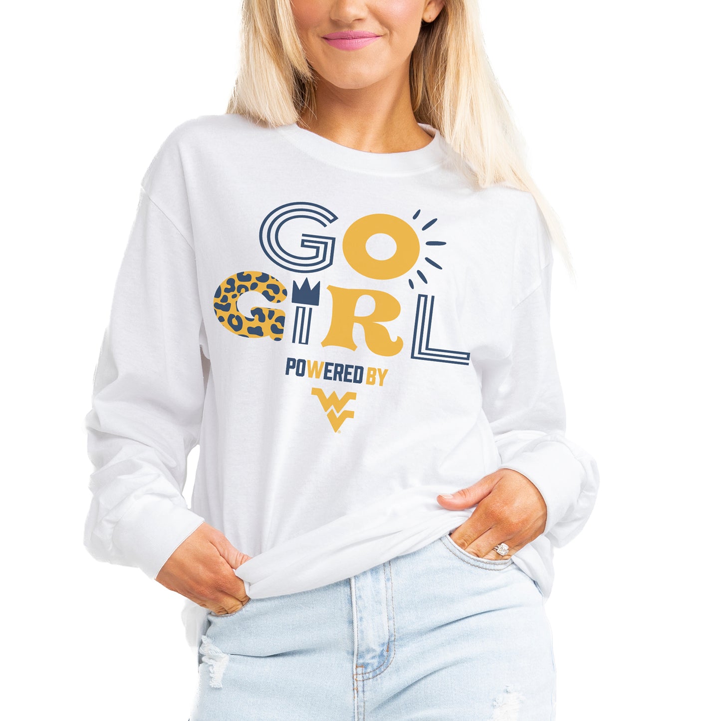 Women's Gameday Couture White West Virginia Mountaineers PoweredBy Go Girl Boyfriend Fit Long Sleeve T-Shirt