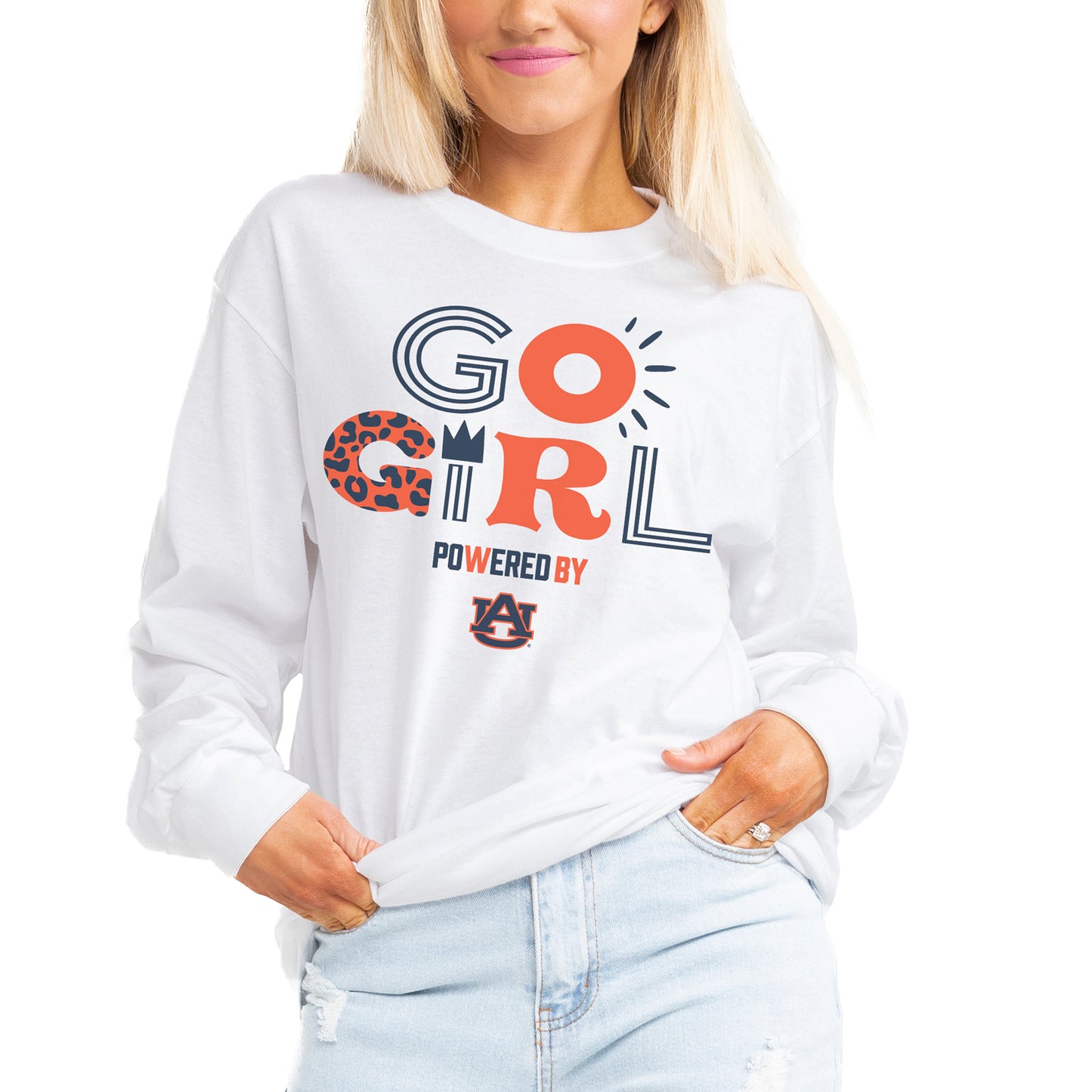 Women's Gameday Couture White Auburn Tigers PoweredBy Go Girl Boyfriend Fit Long Sleeve T-Shirt