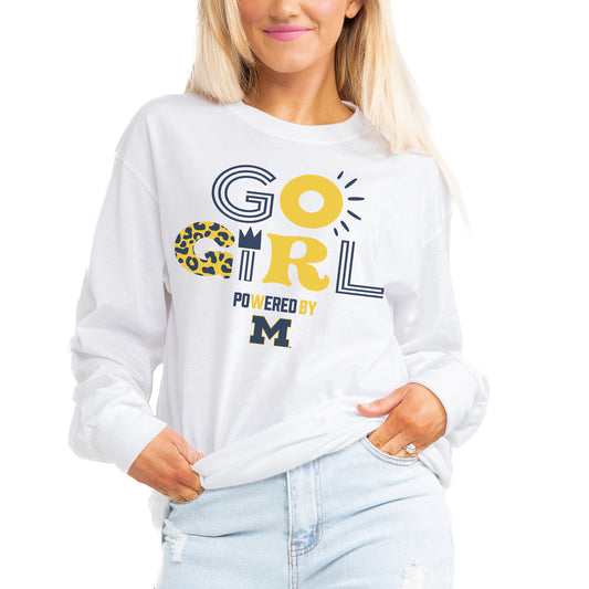 Women's Gameday Couture White Michigan Wolverines PoweredBy Go Girl Boyfriend Fit Long Sleeve T-Shirt