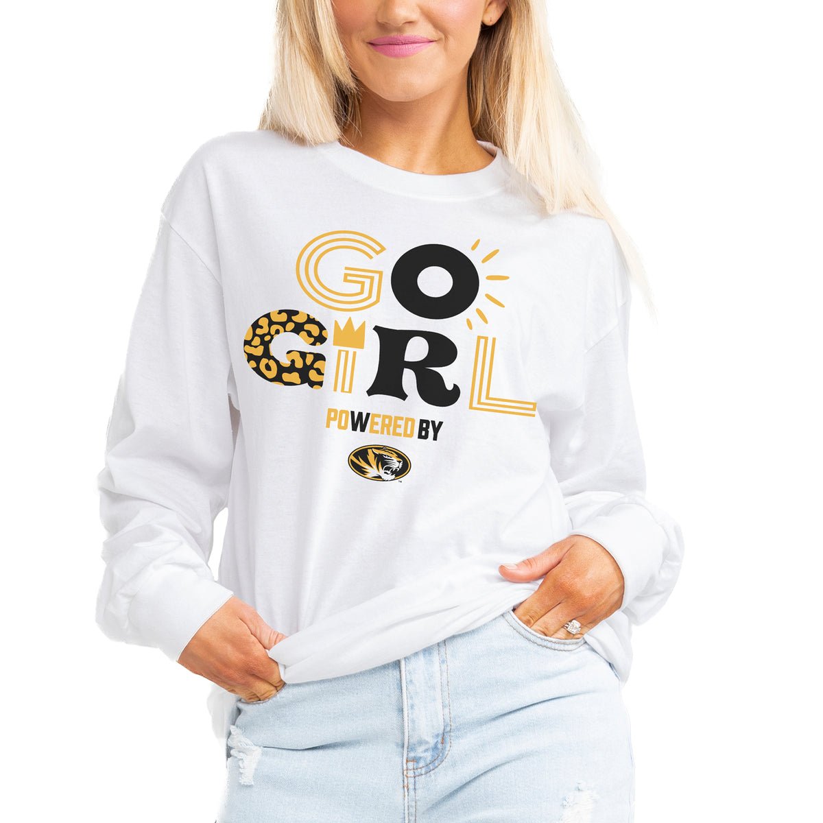 Women's Gameday Couture White Missouri Tigers PoweredBy Go Girl Boyfriend Fit Long Sleeve T-Shirt