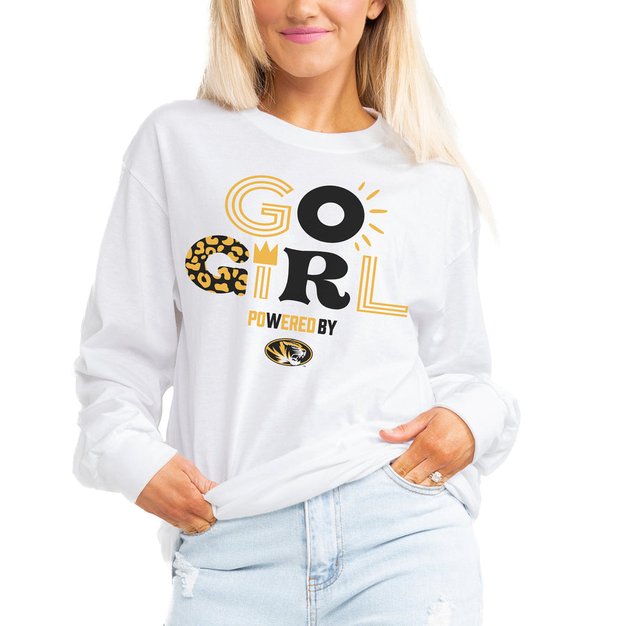 Women's Gameday Couture White Missouri Tigers PoweredBy Go Girl Boyfriend Fit Long Sleeve T-Shirt