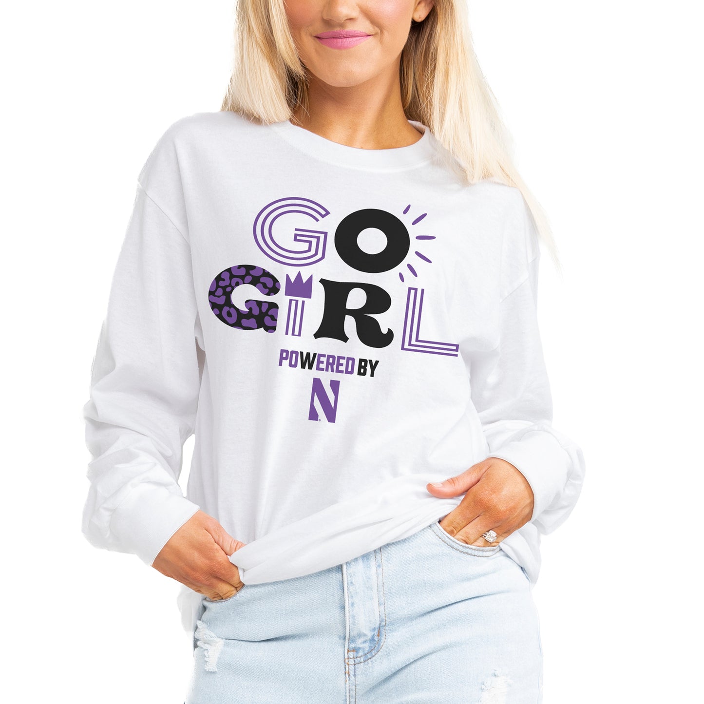 Women's Gameday Couture White Northwestern Wildcats PoweredBy Go Girl Boyfriend Fit Long Sleeve T-Shirt