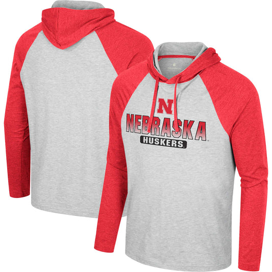 Men's Colosseum  Heather Grey Nebraska Huskers Hasta La Vista Raglan Hoodie Long Sleeve T-Shirt