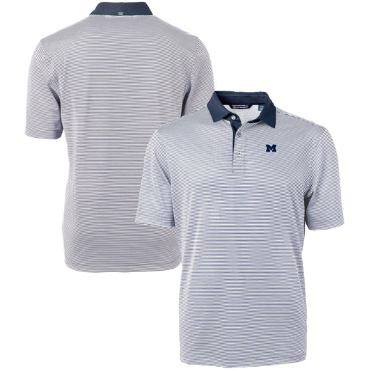 Men's Cutter & Buck  Navy/White Michigan Wolverines Big & Tall Virtue Eco Pique Micro Stripe Recycled Polo