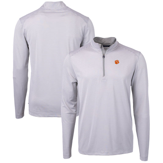 Men's Cutter & Buck  Gray/White Clemson Tigers Big & Tall Virtue Eco Pique Micro Stripe Recycled Quarter-Zip Pullover Top