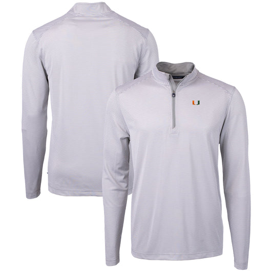 Men's Cutter & Buck  Gray/White Miami Hurricanes Big & Tall Virtue Eco Pique Micro Stripe Recycled Quarter-Zip Pullover Top