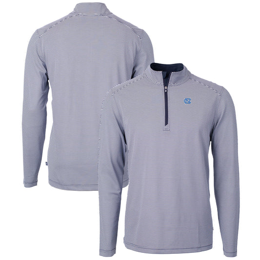 Men's Cutter & Buck  Navy/White North Carolina Tar Heels Big & Tall Virtue Eco Pique Micro Stripe Recycled Quarter-Zip Pullover Top