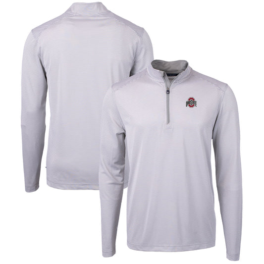 Men's Cutter & Buck  Gray/White Ohio State Buckeyes Big & Tall Virtue Eco Pique Micro Stripe Recycled Quarter-Zip Pullover Top