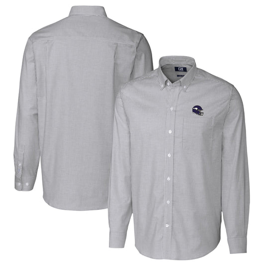 Men's Cutter & Buck  Charcoal Minnesota Vikings Helmet Stretch Oxford Stripe Long Sleeve Button-Down Shirt