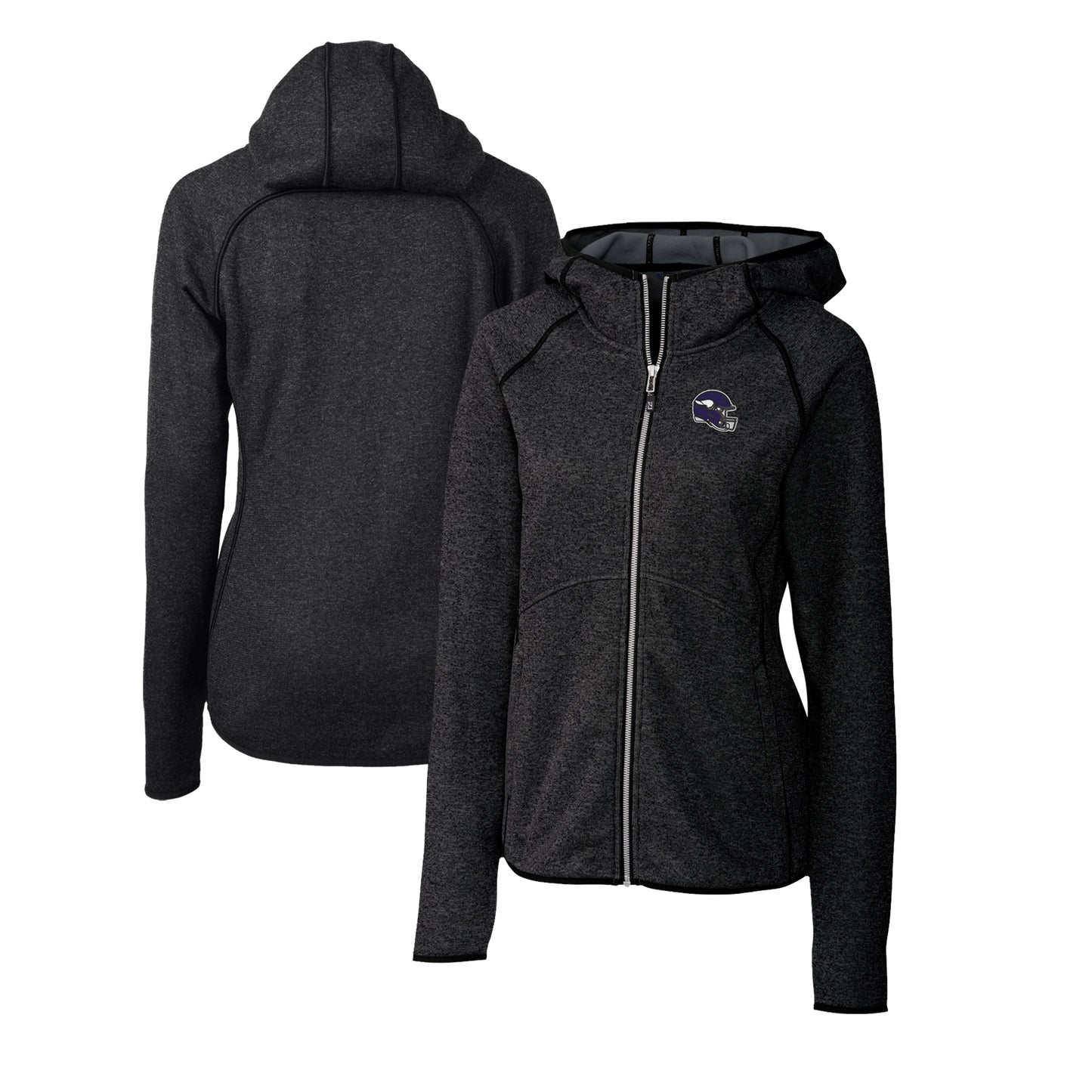 Women's Cutter & Buck  Charcoal Minnesota Vikings Helmet Logo Mainsail Sweater-Knit Full-Zip Hoodie