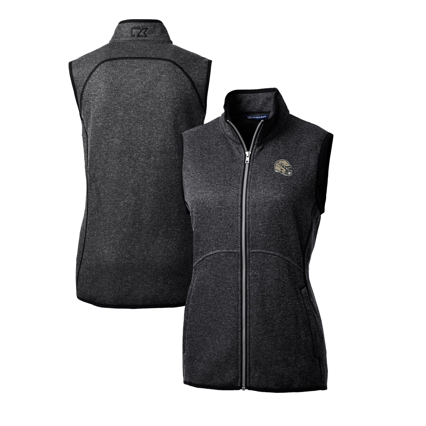 Women's Cutter & Buck  Charcoal New Orleans Saints Helmet Logo Mainsail Sweater-Knit Full-Zip Vest