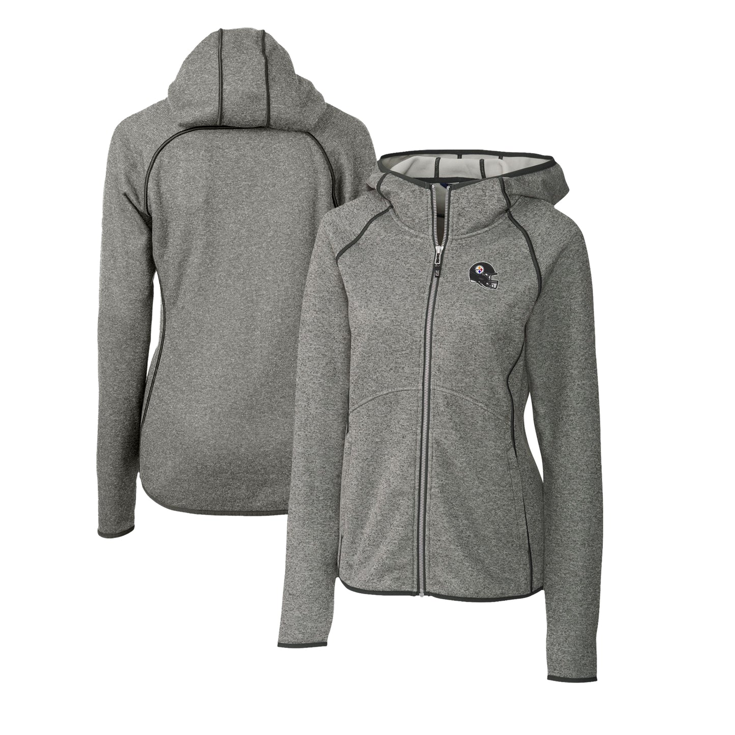 Women's Cutter & Buck  Heather Gray Pittsburgh Steelers Helmet Logo Mainsail Sweater-Knit Full-Zip Hoodie