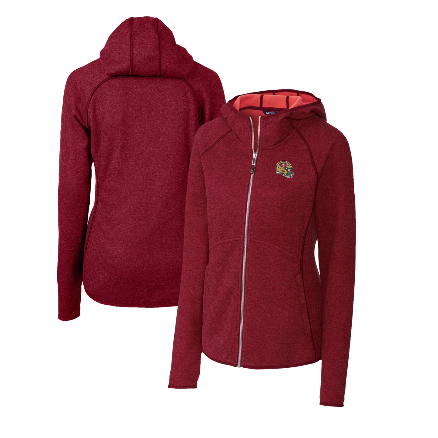 Women's Cutter & Buck  Scarlet San Francisco 49ers Helmet Logo Mainsail Sweater-Knit Full-Zip Hoodie