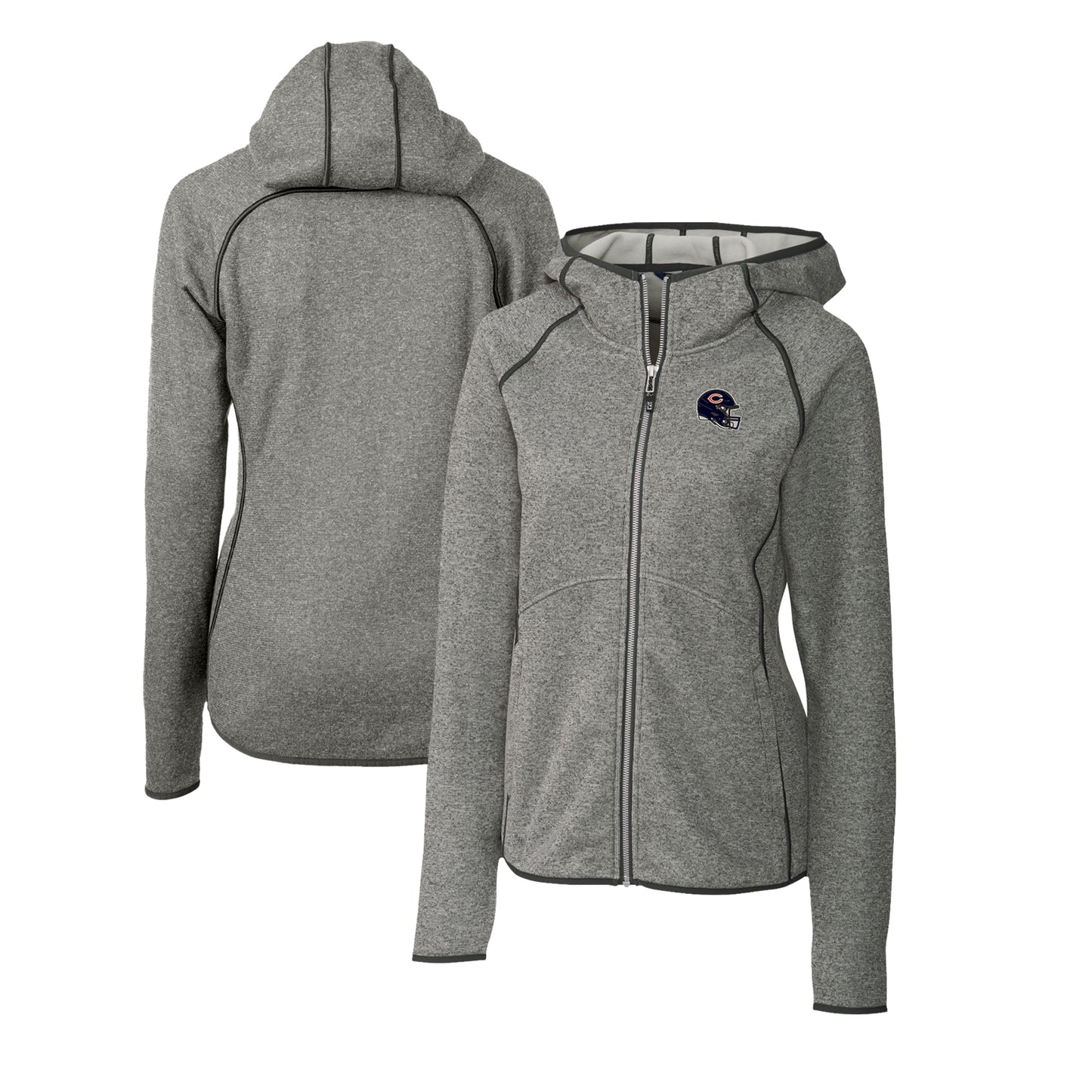 Women's Cutter & Buck  Heather Gray Chicago Bears Helmet Logo Mainsail Sweater-Knit Full-Zip Hoodie