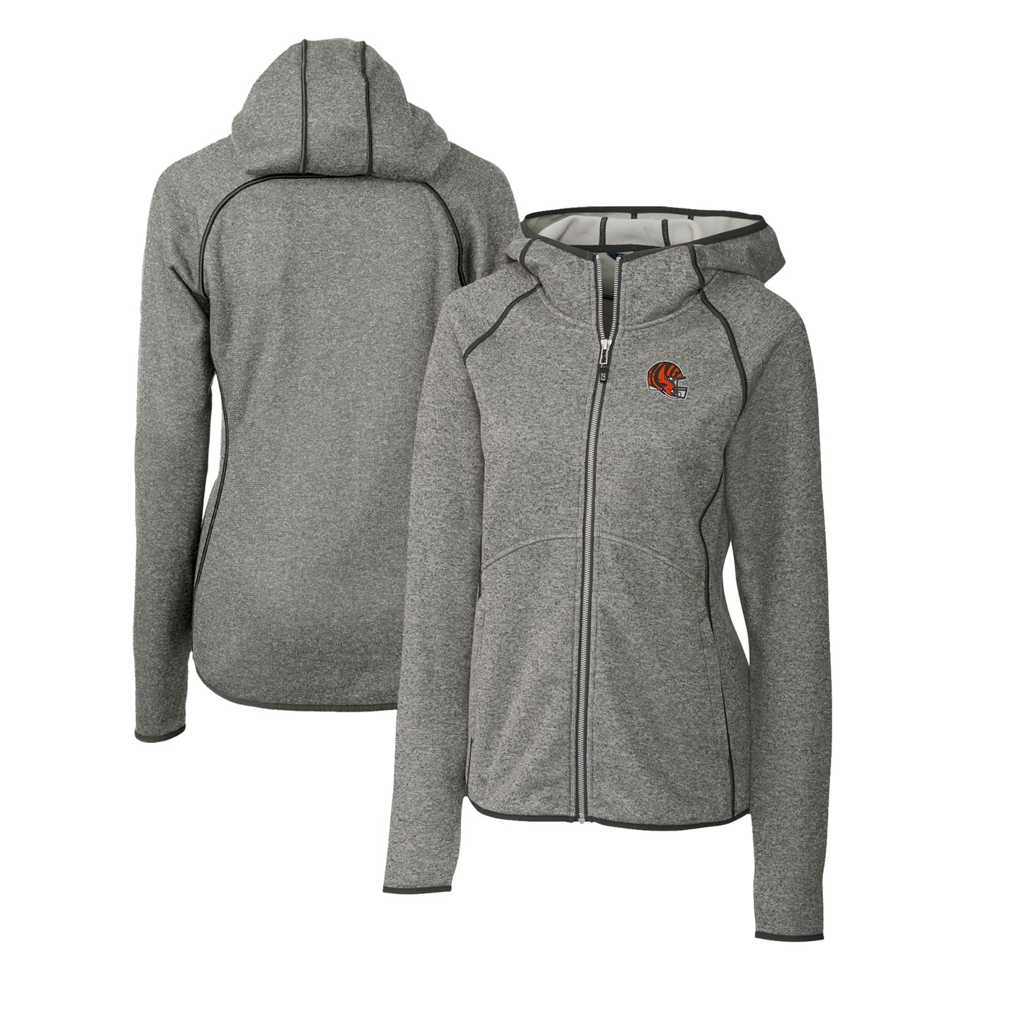 Women's Cutter & Buck  Heather Gray Cincinnati Bengals Helmet Logo Mainsail Sweater-Knit Full-Zip Hoodie