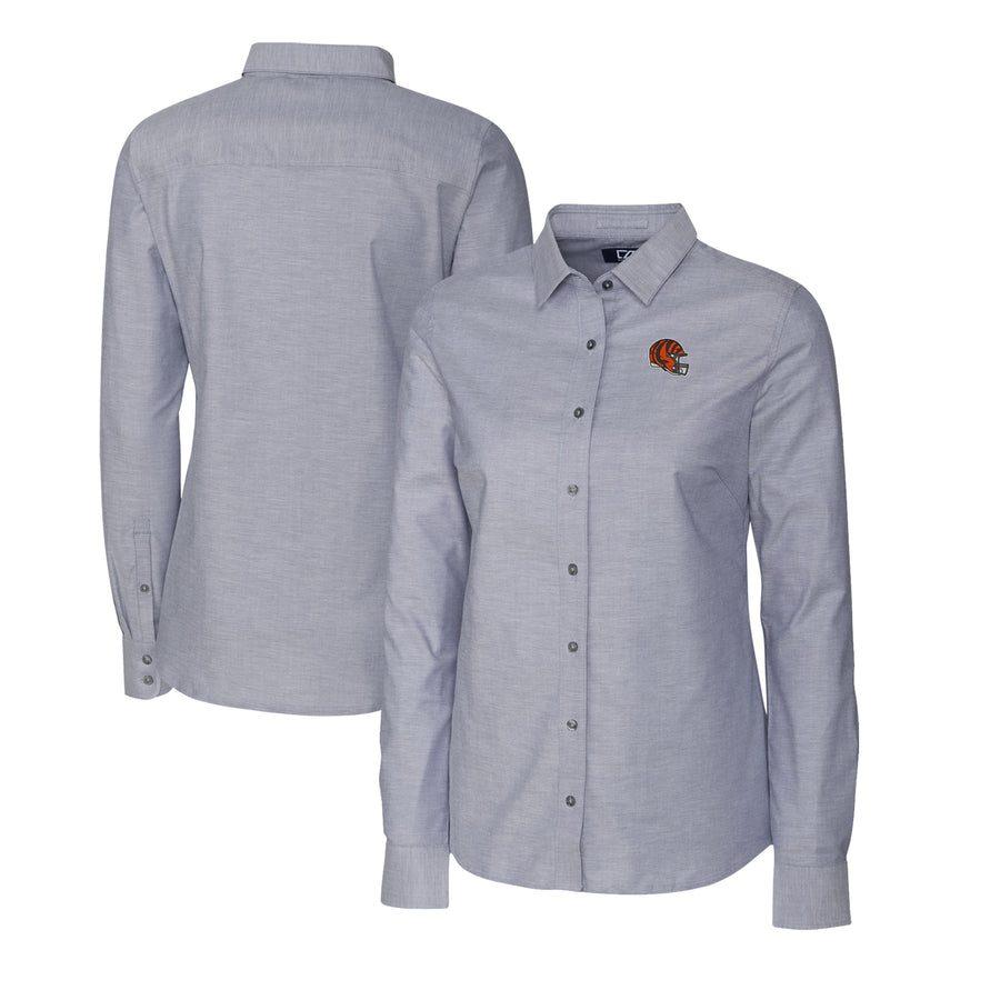 Women's Cutter & Buck  Charcoal Cincinnati Bengals Helmet Logo Stretch Oxford Long Sleeve Button-Up Shirt
