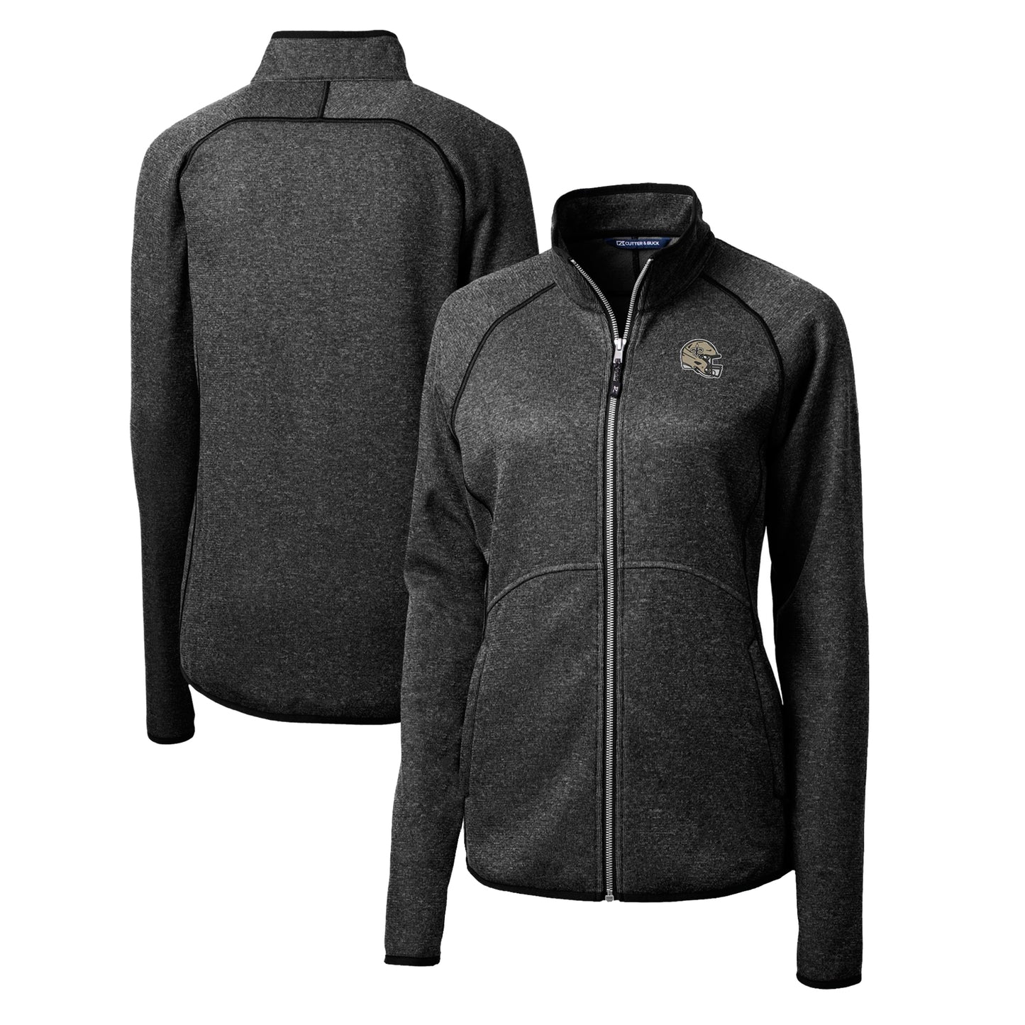 Women's Cutter & Buck  Charcoal New Orleans Saints Helmet Logo Mainsail Sweater-Knit Full-Zip Jacket