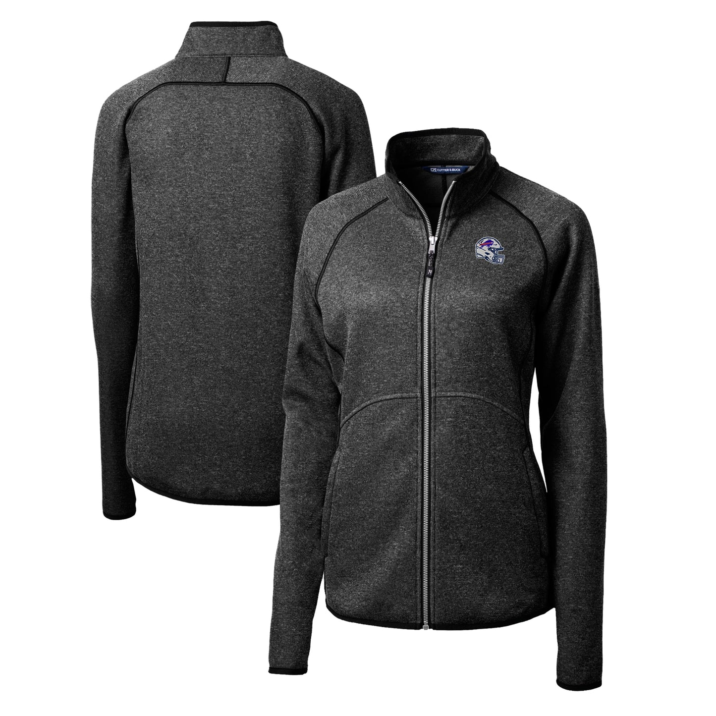 Women's Cutter & Buck  Charcoal Buffalo Bills Helmet Logo Mainsail Sweater-Knit Full-Zip Jacket