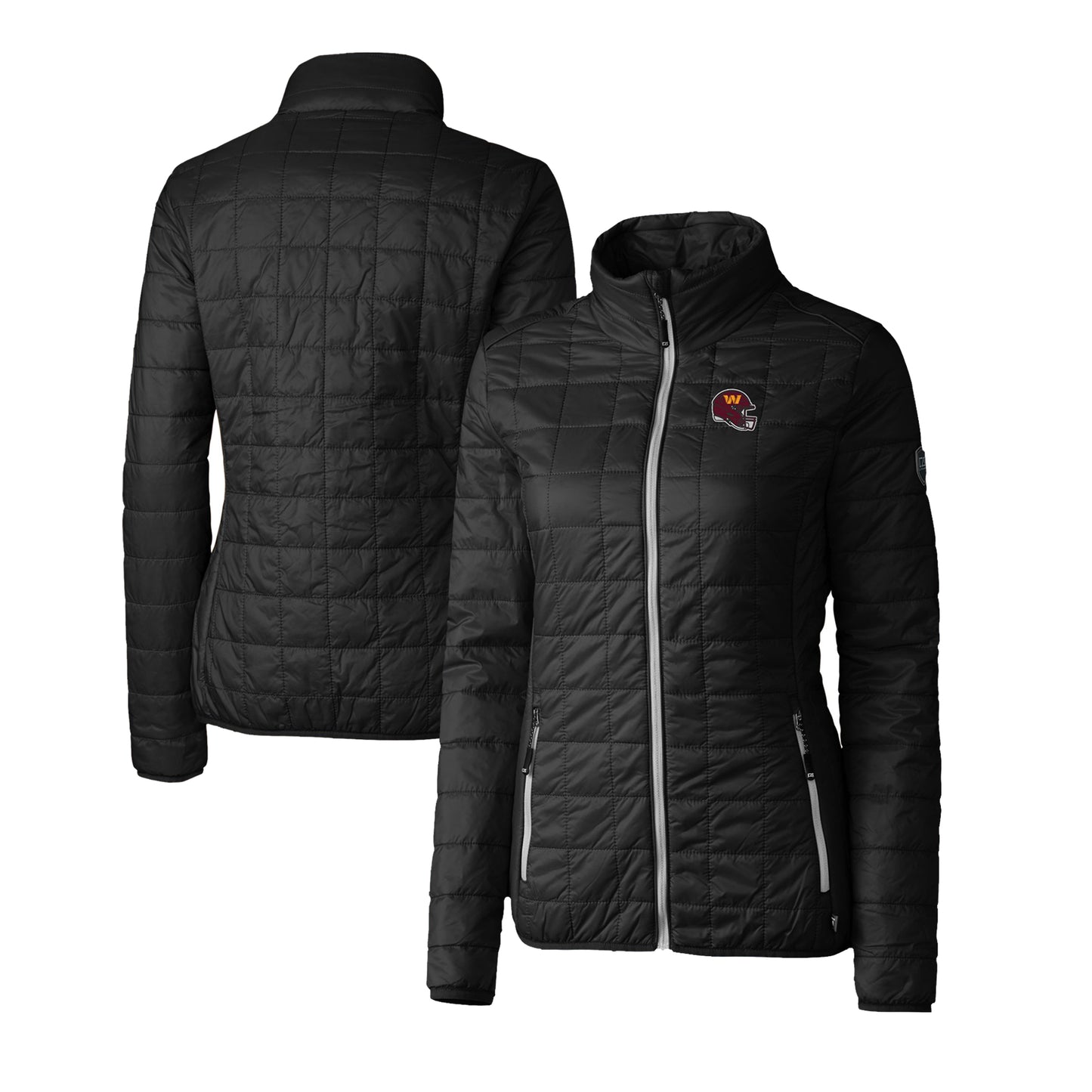 Women's Cutter & Buck  Black Washington Commanders Helmet Logo Rainier PrimaLoft Eco Insulated Full-Zip Puffer Jacket