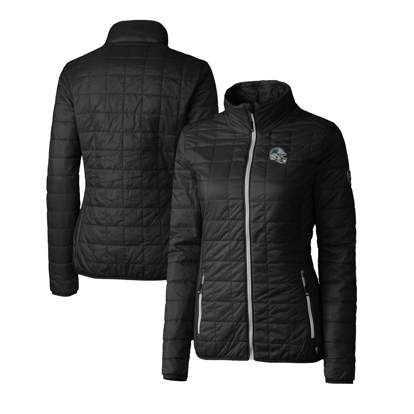 Women's Cutter & Buck  Black Carolina Panthers Helmet Logo Rainier PrimaLoft Eco Insulated Full-Zip Puffer Jacket