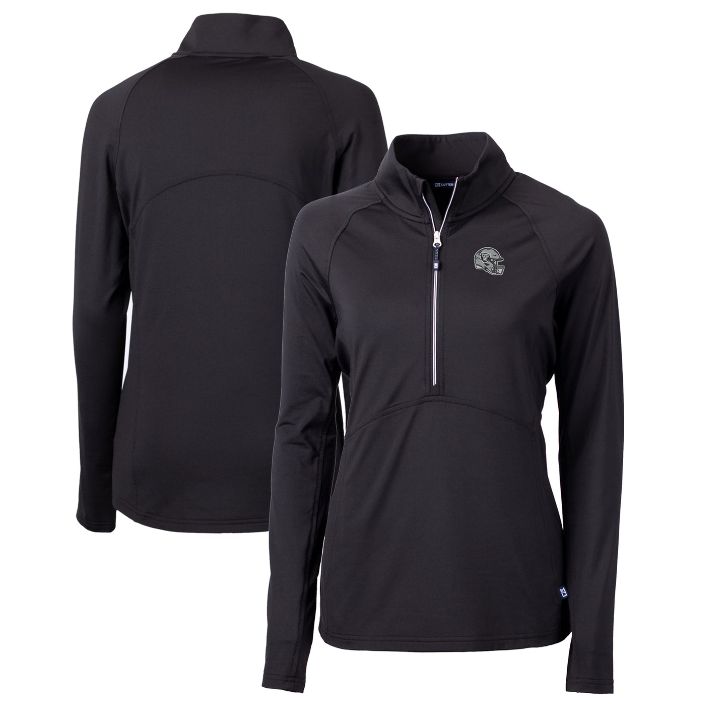 Women's Cutter & Buck  Black Las Vegas Raiders Helmet Logo Adapt Eco Knit Stretch Recycled Half-Zip Pullover Top