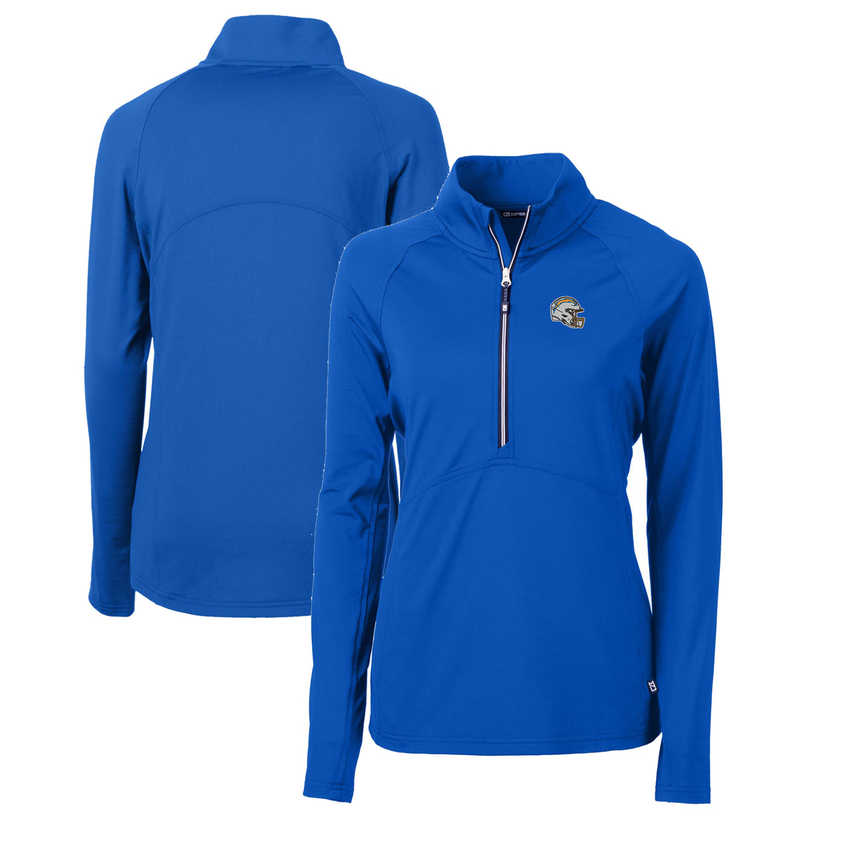 Women's Cutter & Buck Royal Los Angeles Chargers Helmet Logo Adapt Eco Knit Stretch Recycled Half-Zip Pullover Top