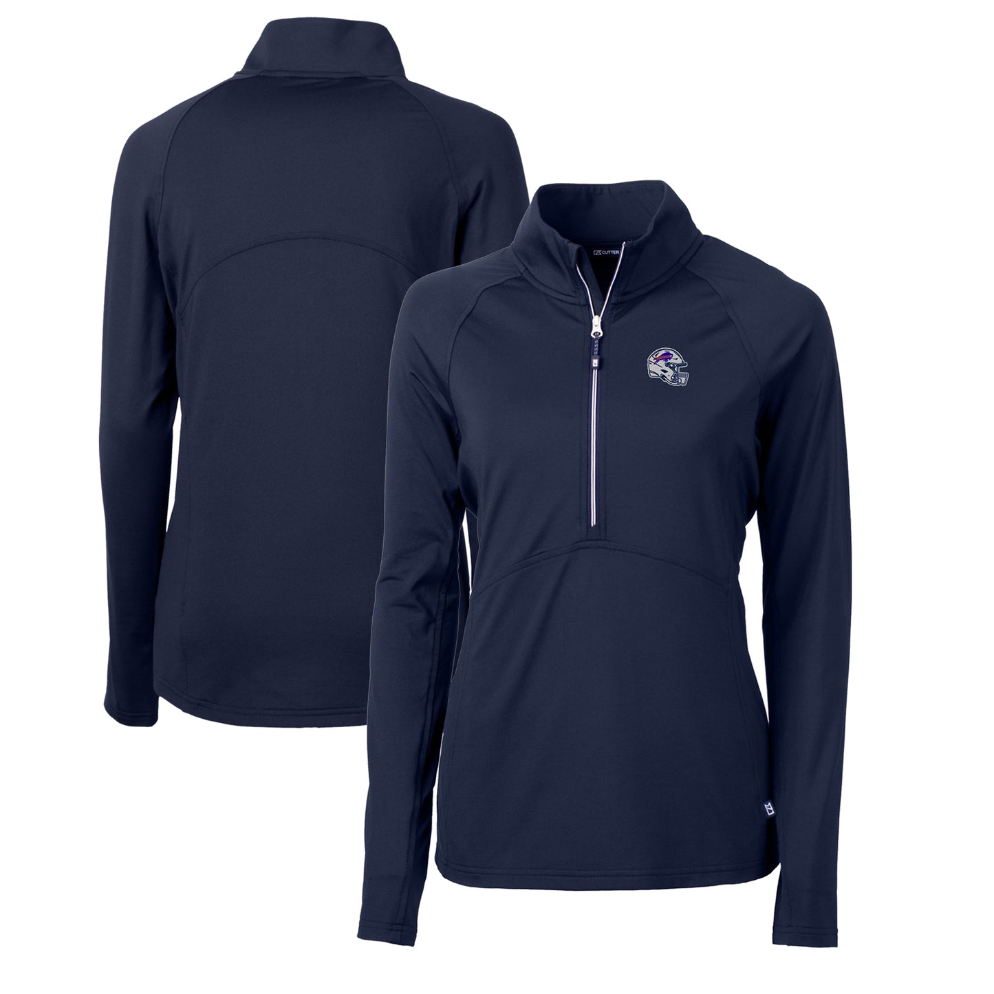 Women's Cutter & Buck  Navy Buffalo Bills Helmet Logo Adapt Eco Knit Stretch Recycled Half-Zip Pullover Top