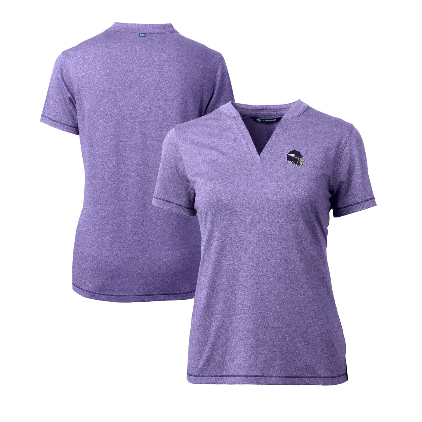 Women's Cutter & Buck Heather Purple Minnesota Vikings Helmet Logo DryTec Forge Stretch V-Neck Blade Top