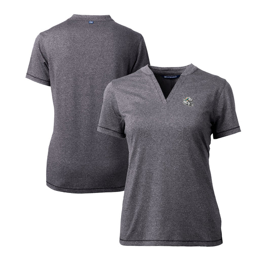 Women's Cutter & Buck  Heather Charcoal Miami Dolphins Helmet Logo DryTec Forge Stretch V-Neck Blade Top